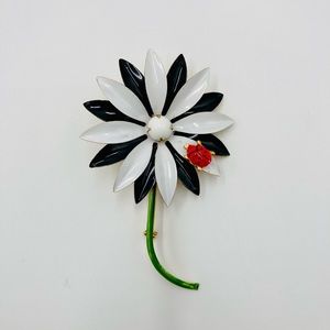 Vintage Original by Robert Enamel Black & White Flower & Ladybug Brooch